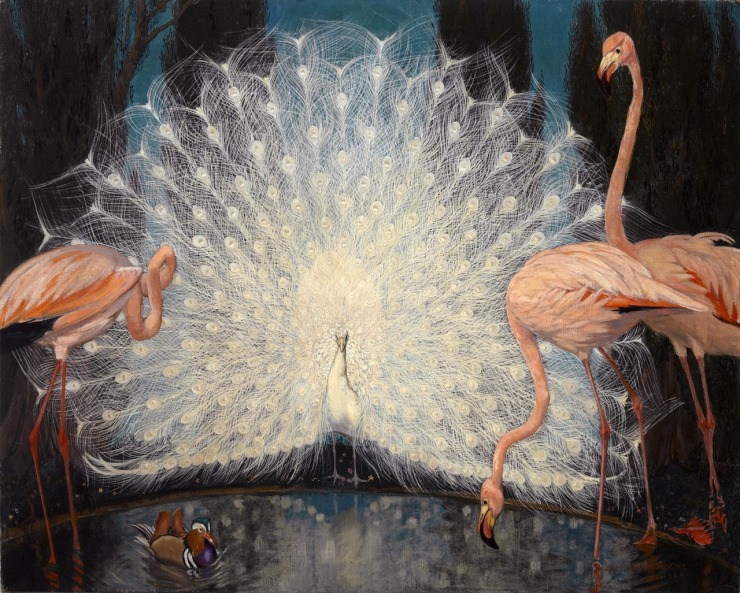 Jessie Arms Botke, {1925} White Peacock and Pink Flamingos